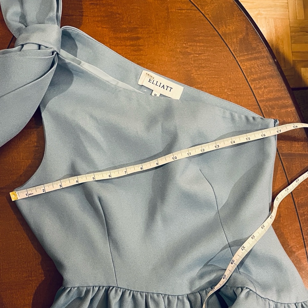 Elliatt Liesel One-Shoulder Dress. Shoulder bow, draped overlay. Smokey blue. M - Picture 13 of 14